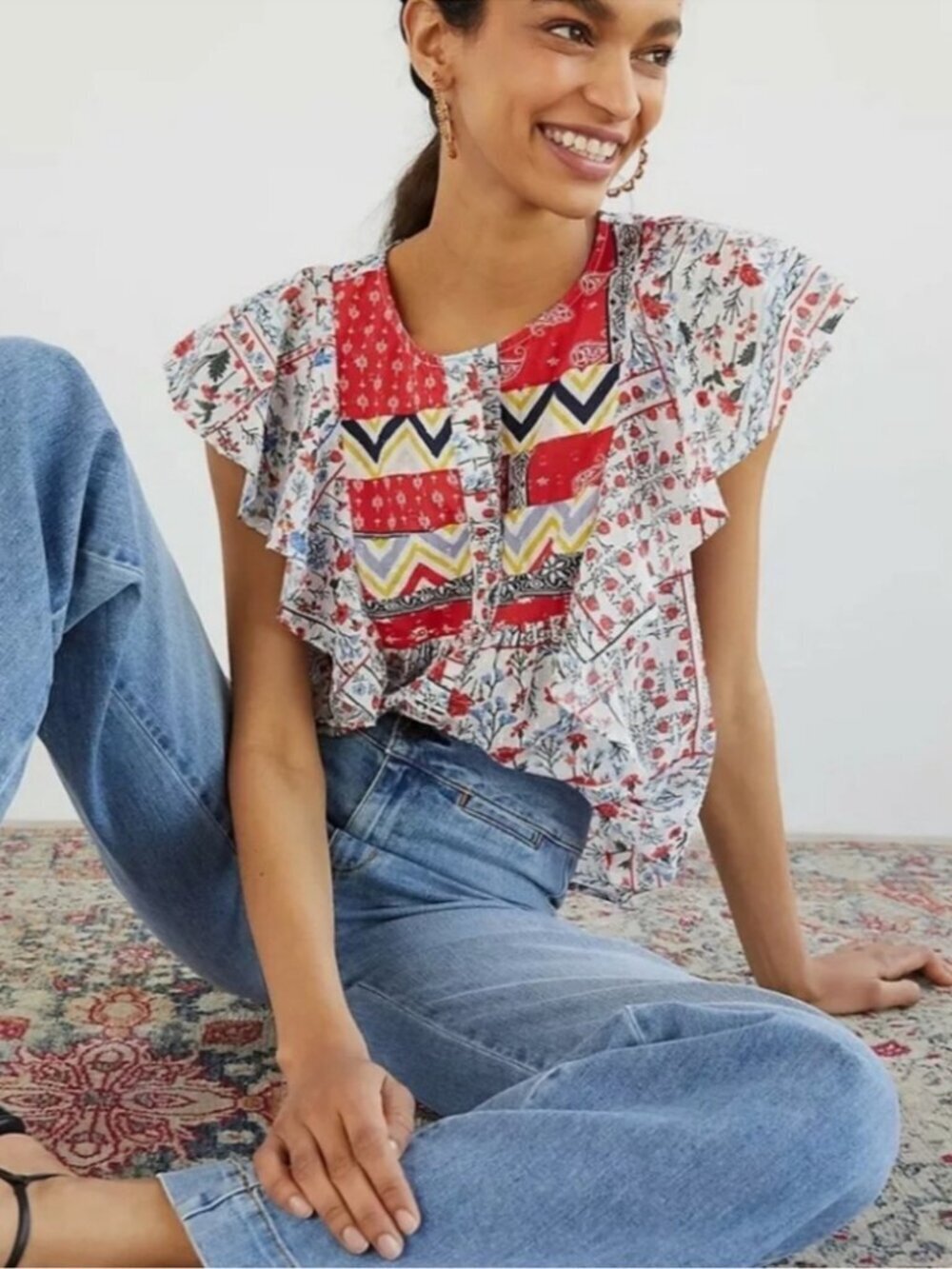 Let Me Be Floral Paisley Patchwork Swiss Dot Blouse 12